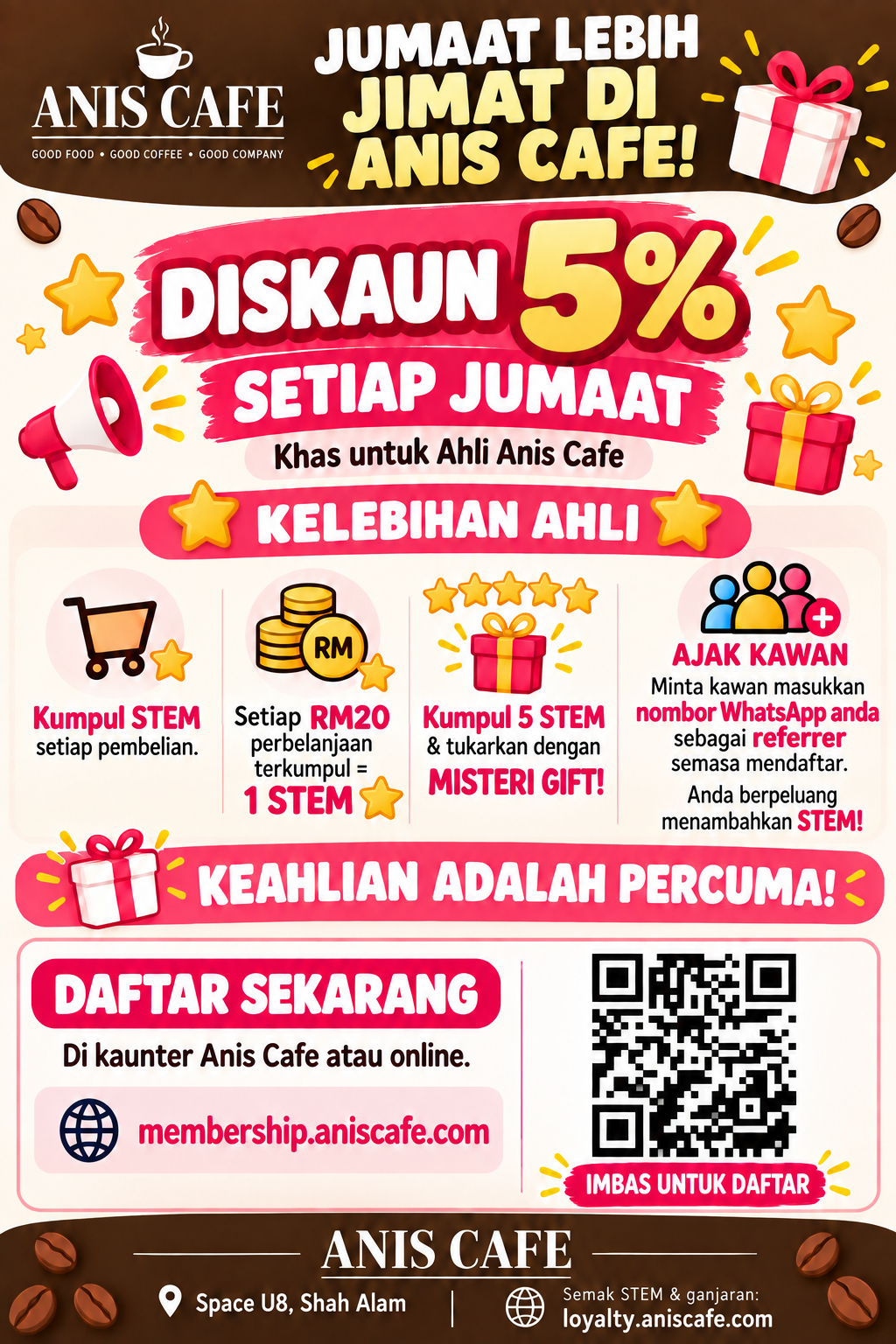 Poster Anis Cafe Loyalty Program: diskaun Jumaat, STEM dan Misteri Gift